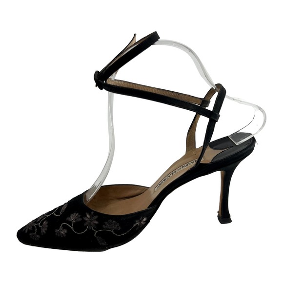 COPY - Manolo Blahnik Black Silver Hand Painted Floral Ankle Wrap Pumps Size 36 - Picture 7 of 11
